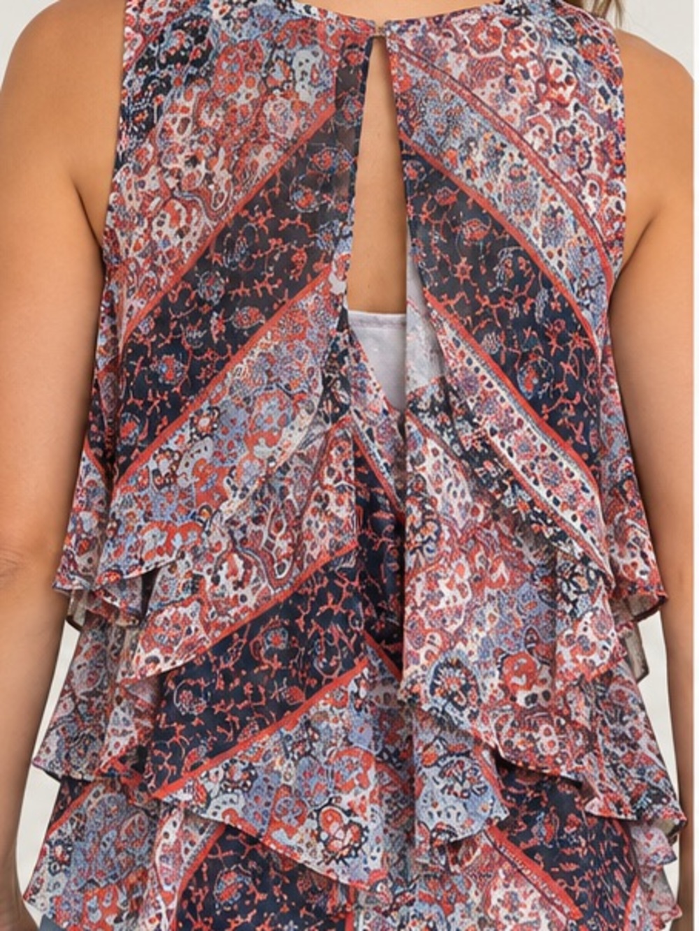 Sleeveless Ruffle Print Tank Top - Red Multi - Picture 2 of 4
